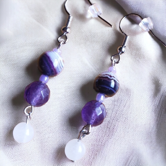 Purple Agate, Amethyst, Selenite and Sterling Silver Beaded Handcrafted Earrings - Picture 2 of 6